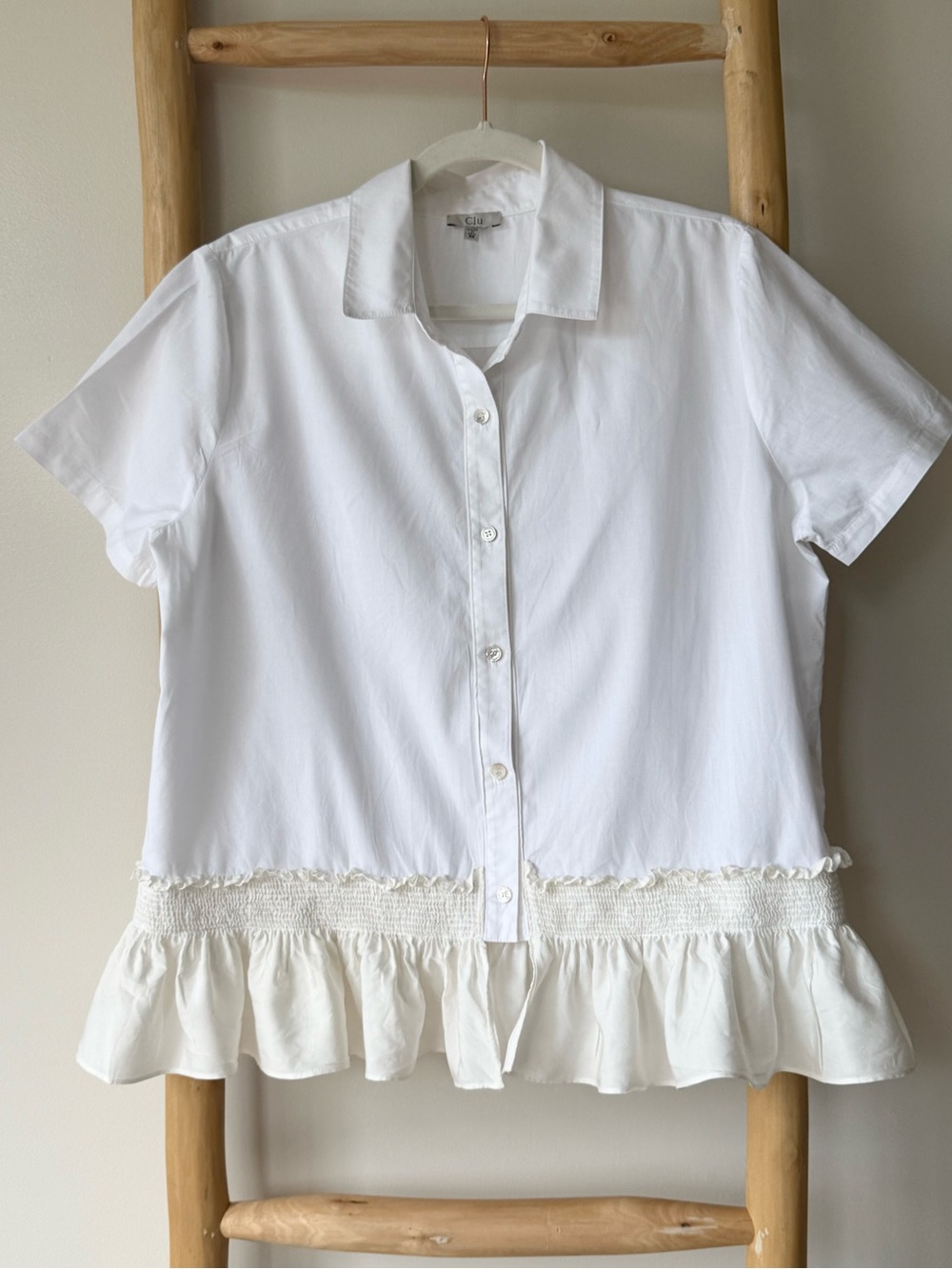 Clu Designer Classy Cotton Silk Short Sleeve Button Up Blouse Top White Cream M